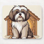 Sweet Brown and White Shih Tzu Mouse Pad<br><div class="desc">A cute brown‑and‑white Shih Tzu sits in front of a cozy wooden doghouse,  illustrated in a soft,  playful cartoon style. Warm beige framing and rounded corners give the artwork a modern,  friendly feel—perfect for any pet‑lover design.</div>