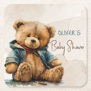 Sweet brown watercolor teddy bear Baby Shower Square Paper Coaster
