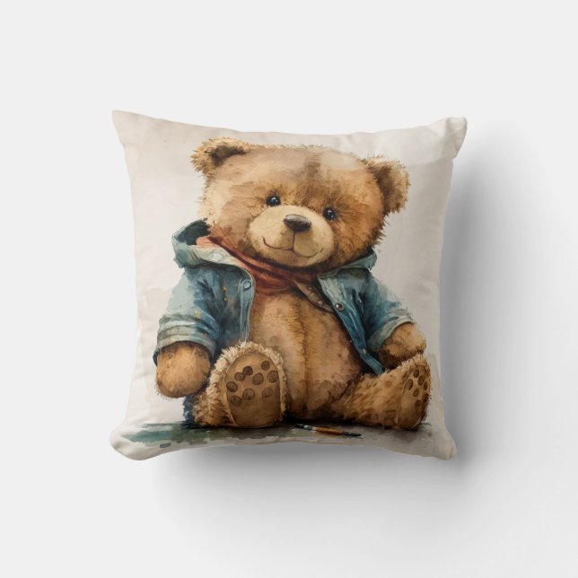 Sweet brown watercolor teddy bear Baby Throw Pillow (Front)