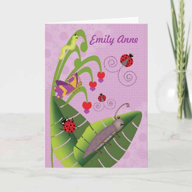 Sweet Bugs Kids at Camp Personalized Name for Girl Card (Front)