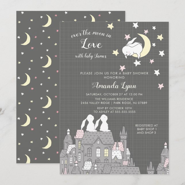 Sweet Bunny Amour Lune Baby shower Invitation (Devant / Derrière)