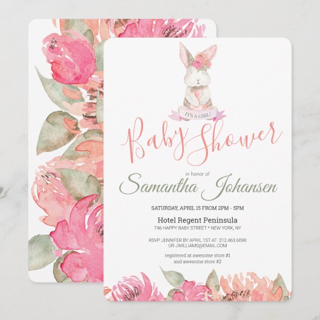 Sweet Bunny and Watercolor Flowers Baby Shower Invitation (Front/Back)