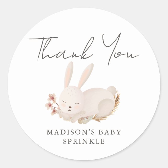 Sweet Bunny Calligraphy Baby Sprinkle Thank You Classic Round Sticker (Front)