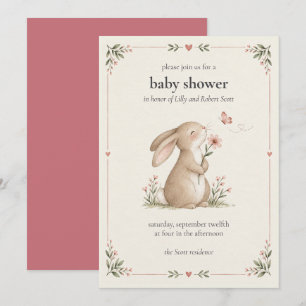 Sweet Bunny Floral Baby Girl Shower Invitation