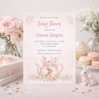 Sweet Bunny & Floral Teapot Baby Shower Invitation