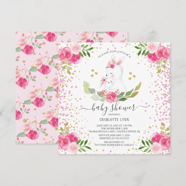 Sweet Bunny Girls Baby Shower Invitation (Front/Back)