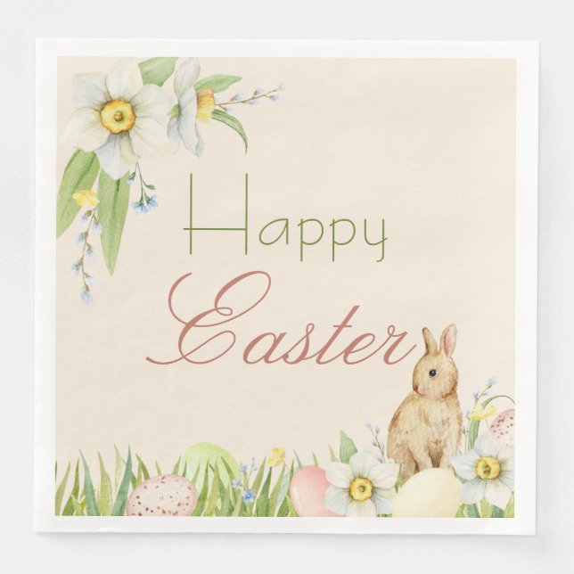 Sweet Bunny Happy Easter Floral Watercolor Napkin (Front)