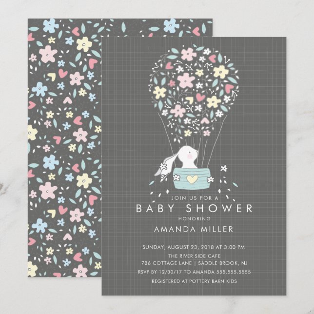 Sweet Bunny Hot Air Baby shower Invitation (Devant / Derrière)