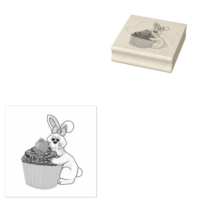 Sweet Bunny Hugging Strawberry Cupcake Rubber Stamp (Stamped)