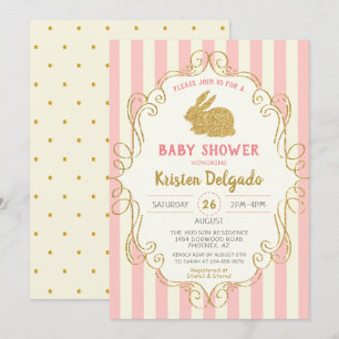 Sweet Bunny Pink Gold Glitter  Baby Shower Invitation