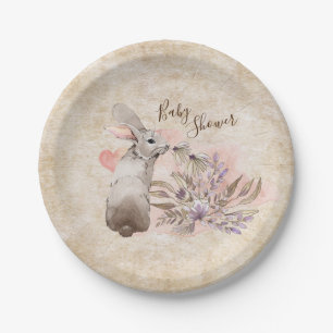 Sweet Bunny Rabbit and Flowers Girls' Baby Shower Paper Plate