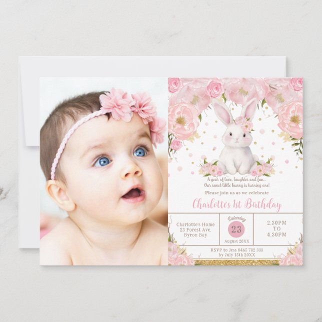 Sweet Bunny Rabbit Pink 1st 2nd 3rd Birthday Photo Invitation (Front)