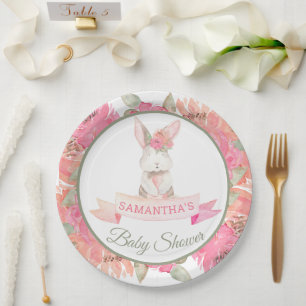 Sweet Bunny Watercolor Flowers Baby Shower Paper Plate
