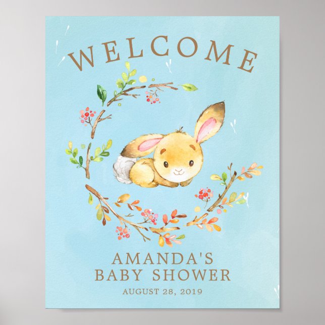 Sweet Bunny Welcome Boys Baby Shower Poster (Front)