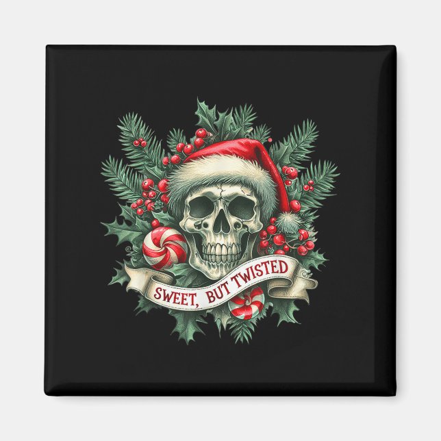 Sweet But Twisted Candy Cane Retro Skeleton Skull  Magnet (Front)