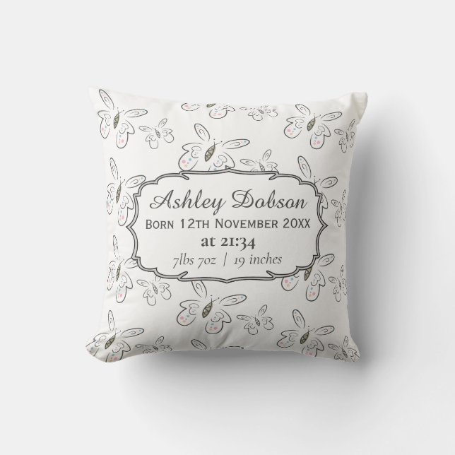 Sweet Butterflies Pattern Baby Birth Stats Throw Pillow (Front)
