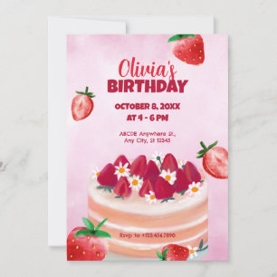 Sweet cake and strawberries birthday invitation