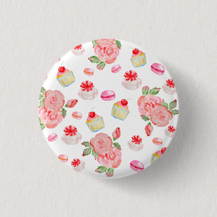 Sweet cakes and roses in watercolour 1 inch round button