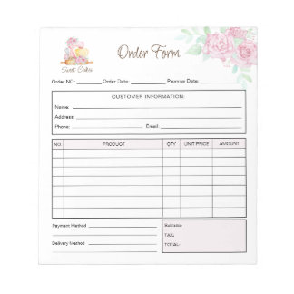 Sweet Cakes Bakery Order Form Receipt Invoice Notepad