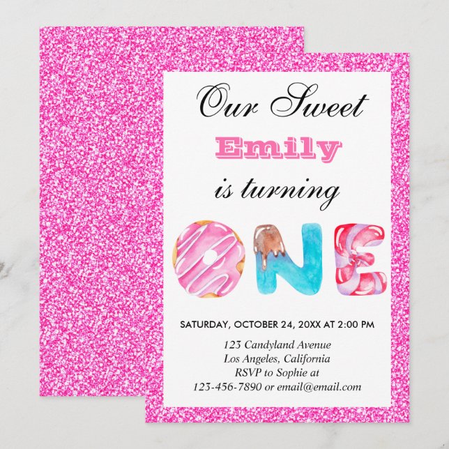 Sweet Candy Hot Pink Glitter First Birthday One Invitation (Front/Back)