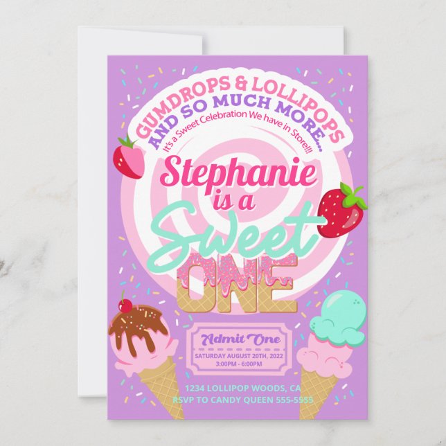 Sweet Candy Land 1er Anniversaire Fête Invitations (Devant)