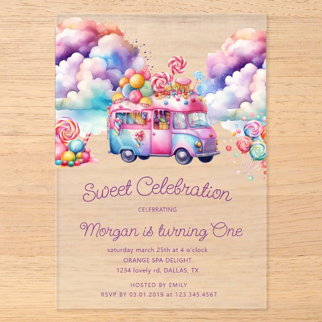 Sweet Candy Lane Kid's Birthday Budget Acrylic Invitations (Front)