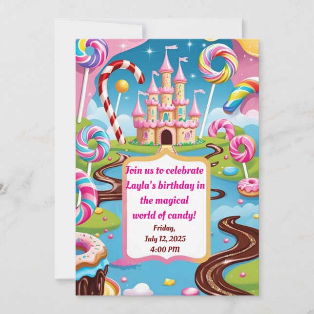 Sweet Candyland Birthday Party Invitation for Kids (Front)