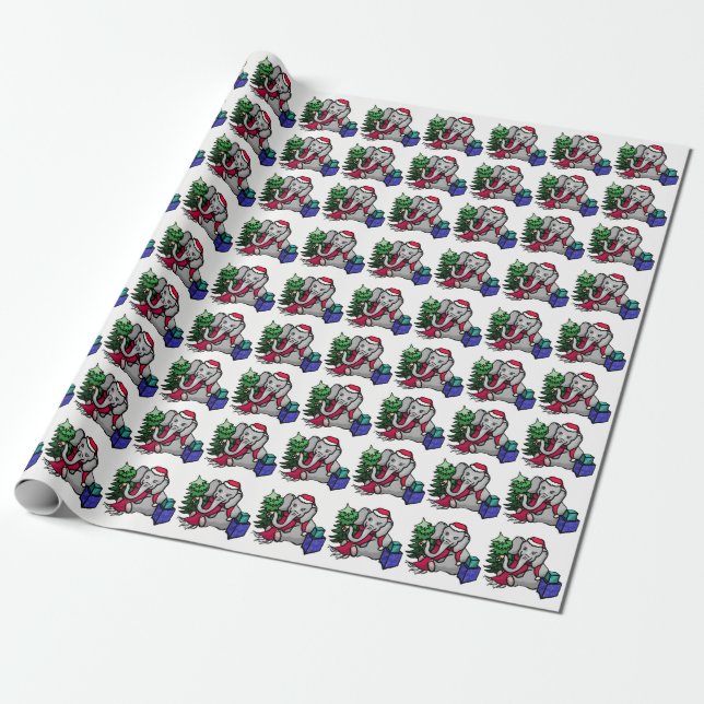 Sweet Cartoon Elephants on Snow White Ground Xmas Wrapping Paper (Unrolled)