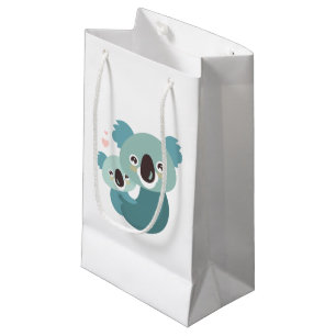 Sweet cartoon koala mother and baby hugging small gift bag