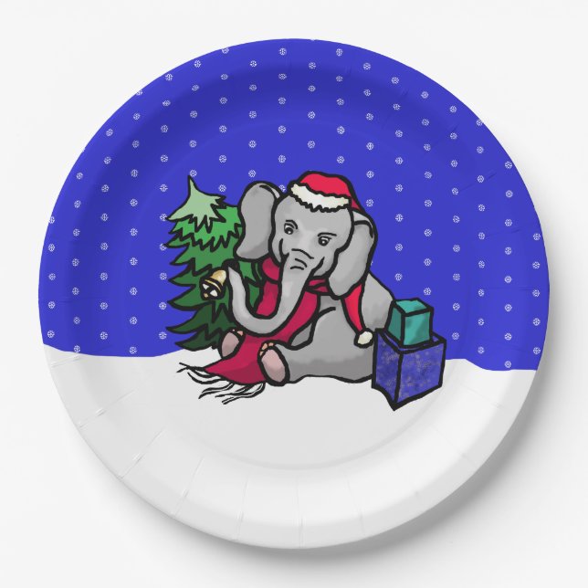 Sweet Cartoon Xmas Elephant in the Snow Paper Plate (Front)