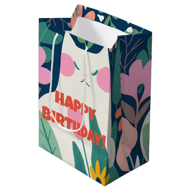 Sweet Cat and Flowers Happy Birthday Medium Gift Bag (Front Angled)