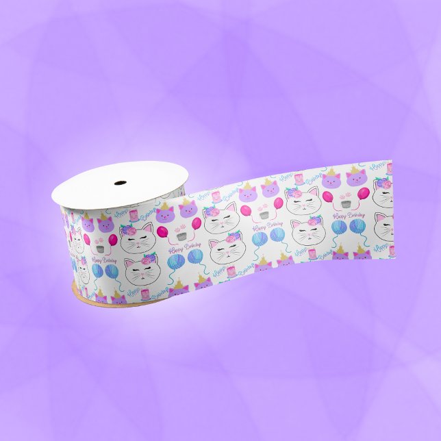 Sweet Cat Faces Happy Birthday Celebration Satin Ribbon (Creator Uploaded)
