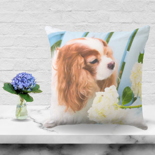Sweet Cavalier King Charles Spaniel Hydrangeas Throw Pillow
