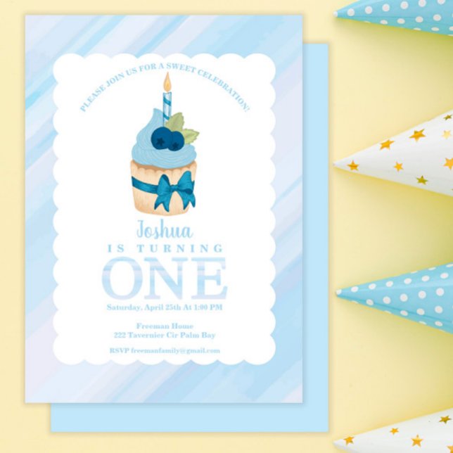 Sweet Celebration Blue Cupcake 1st Birthday Party Invitation (Creator Uploaded)
