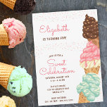 Sweet Celebration Ice Cream Birthday Invitation<br><div class="desc">Ice cream invitation,  easy to customize for any age birthday party,  to invite your friends and family to join you for a "sweet celebration". The design has cute girly lettering,  sprinkles and ice cream cones with strawberry,  mint,  vanilla and chocolate flavour gelato.</div>