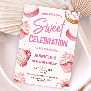 Sweet Celebration Pink Doughnuts Girl 4th Birthday Invitation