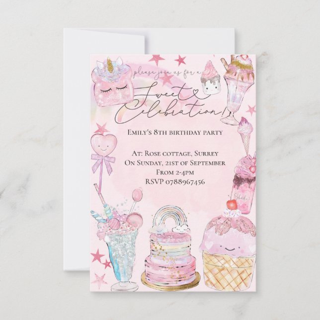 Sweet celebration  watercolour Girl's birthday Invitation (Front)