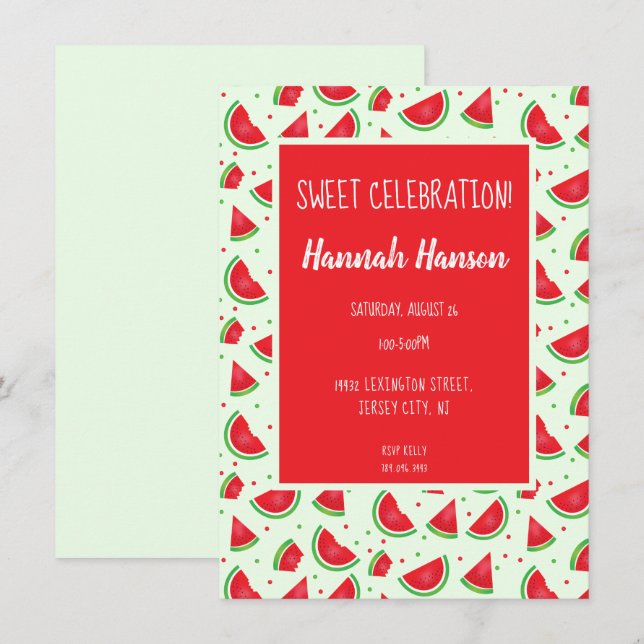Sweet Celebration Watermelon Pattern Light Green Invitation (Front/Back)