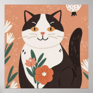 Sweet Charming Kitty with Flowers Poster