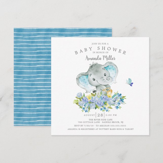 Sweet Cheerful Elephant Baby Boy Shower Invitation (Front/Back)