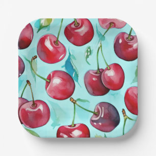 Sweet cherries colourful watercolor cherry art paper plate
