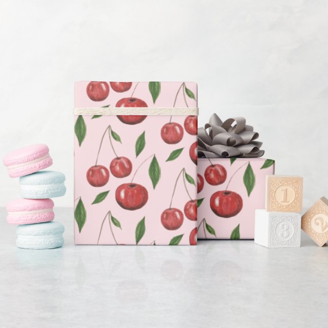 Sweet Cherries Watercolor Illustration Pattern Wrapping Paper (Baby Shower)