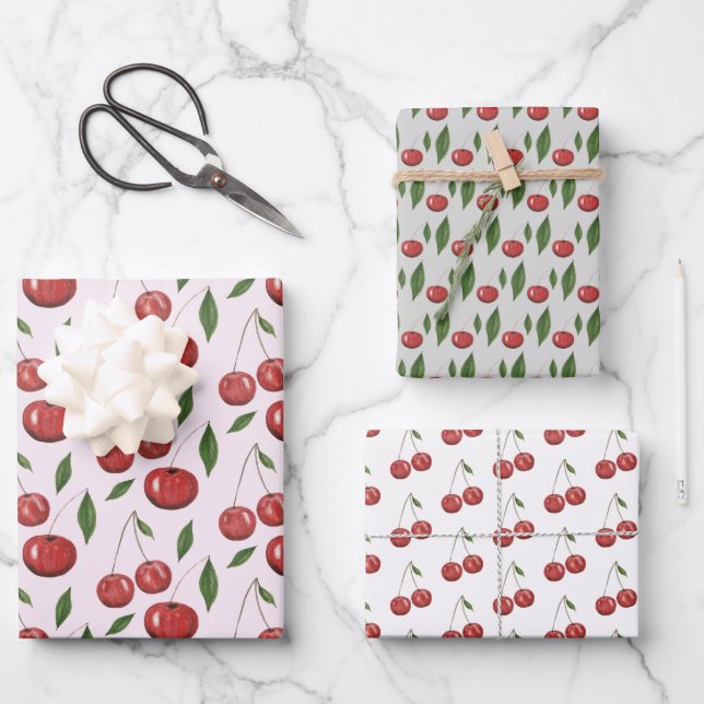 Sweet Cherries Watercolor Illustration Wrapping Paper Sheet (Front)