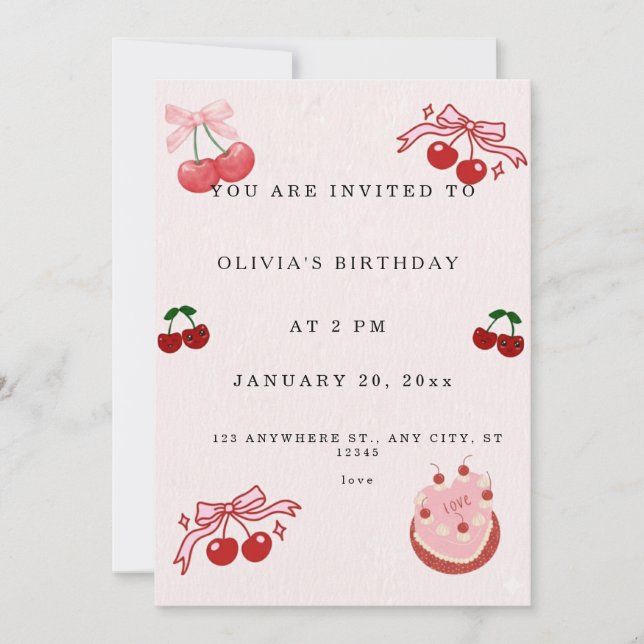 Sweet Cherry Birthday Invitation | Cute Pink Girl  (Front)