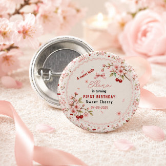 Sweet Cherry Blossom 1st Birthday girl Party 1 Inch Round Button