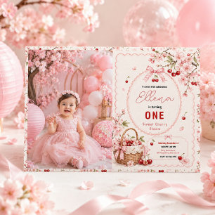 Sweet Cherry Blossom 1st Birthday girl Party Invitation