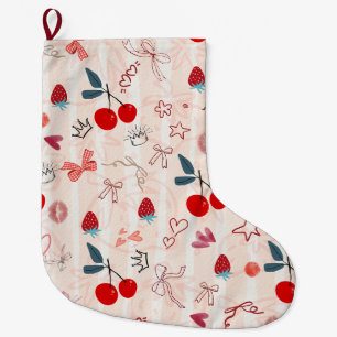 Sweet Cherry Bows and Stars Aesthetic Design Large Christmas Stocking