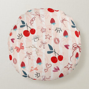 Sweet Cherry Bows and Stars Aesthetic Design Round Pillow
