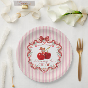 Sweet Cherry Coquette Ribbon Birthday Pink Girl Paper Plate