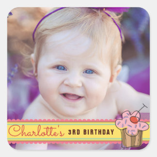Sweet Cherry Cupcake Girl's Birthday Photo Sticker